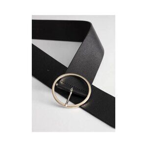 & OTHER STORIES Black Leather Belt with Gold Circle Buckle Sz XS (Max 28.5”)